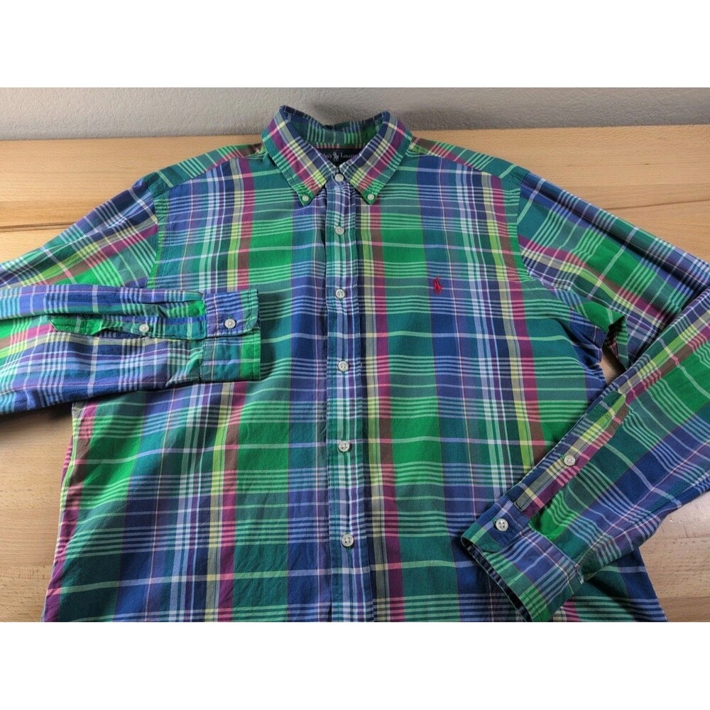 Polo Ralph Lauren Men's Size Large Green Blue Plaid Madras Button Up Shirt